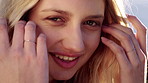 Face, relax and woman in nature for vacation, funny and laughing on weekend break at retreat. Humor, happiness and person rest outdoor in countryside for chill, tourism trip and holiday in Canada