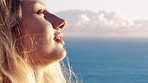 Breathing, hiking and profile of woman outdoor for calm reflection, fresh air or travel hobby. Adventure, explore and sightseeing with happy hiker person in nature for health, peace or wellness