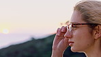 Glasses, hiking and profile of woman outdoor for calm breathing, fresh air or travel hobby. Adventure, explore and sightseeing with hiker person in nature for health, peace or wellness activity