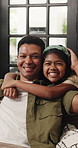 Happy, hug and face of child with dad for connection, relationship and bonding for family weekend. Home, sofa and portrait of father with girl in embrace for affection, support and trust together