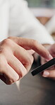 Hands, scroll and freelancer with smartphone, online and communication with contact for design task. Texting, logo designer and person with mobile for chat, creative and feedback for project on web