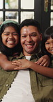 Sofa, hug and face of children with dad for connection, relationship and bonding for family weekend. Love, happy and portrait of father with girls in embrace for affection, support and trust in home