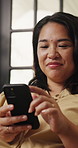 Texting, online and woman with smartphone in lounge, thinking and communication with contact on web. Typing, flare and person with mobile for chat, reflection and scroll message with tech in house