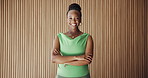 Face, business and black woman with arms crossed in office for career pride, about us and real estate. Portrait, female person and smile with ambition, auction representative and property development