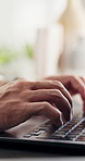 Hands, laptop and typing in home office for remote work, report or fact check for news. Computer, person and freelance journalist with keyboard for story, review research and headline for article