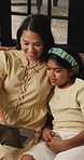 Laptop, love and choice with mother and child on sofa for streaming service, movie choice and education show. Film subscription, bonding and online kids series with woman and daughter in family home