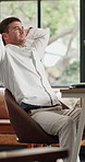 Man, relax or stretching in home with remote work, fatigue or completed project for marketing agency. Freelancer, person and rest in house with breathing, tired and finished campaign for advertising.