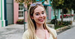 Face, happy and woman in city for travel, tourism and urban adventure with wanderlust on holiday. Smile, vacation and portrait of person in town for getaway outdoor, commute or summer trip in Germany