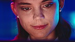 Neon, reading and woman on computer for business, web development and problem solving at night. Technology, developer and person review software, test app or upgrade system in office on overtime
