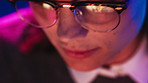 Above, programmer and woman in workplace, glasses for clear vision and research. Coding, problem solving or person in office, eyewear and reflection with online reading, algorithm and software update