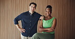 Portrait, people and smile in office with arms crossed, support or creative collaboration for marketing. Space, happy coworkers and pride in workplace with teamwork, advertising startup and about us.
