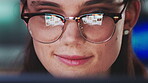 Night, woman and spectacles in office with tech, reflection or journalist research for online story. Late, female person and glasses in agency with article, media publication or news report deadline.