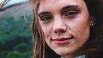 Wind, face and woman outdoor with thinking on holiday, weekend trip or getaway with relax. Portrait, ideas and person with breeze in hair for break, vacation or travel in nature with mindfulness.