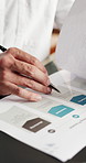 Hands, person and reading with document in office for marketing, analysis and information. Employee, writing and paperwork with performance charts, sales report and review compliance of proposal deal