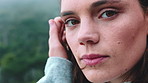 Face, relax and woman in nature for holiday, peace and calm on weekend break at retreat. Smile, happiness and person rest outdoor in countryside for chill, tourism trip and vacation in Australia