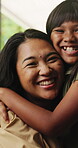 Hug, love and face of mother and daughter in family home for bonding, connection and smile. Happy, weekend break and support with woman and child in living room of apartment for care and comfort