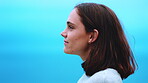 Thinking, sky or woman outdoor with fresh air, past memory or mindfulness on weekend break. Mindset, mockup space or person outside with reflection, breathing or peaceful perspective in free time.