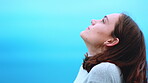 Thinking, blue sky or woman outdoor with fresh air, past memory or mindfulness on weekend break. Windy, mockup space or female person with reflection, breathing or peaceful perspective in free time.