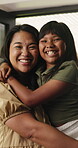 Hug, jump and face of mother and daughter in family home for bonding, connection and love. Happy, weekend break and support with woman and child in living room of apartment for care and comfort