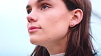 Thinking, sky or woman outdoor with wind, past memory or mindfulness on weekend break. Mindset, space or female person outside with reflection, fresh air or peaceful perspective in free time.