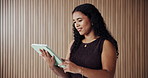 Creative agency, scroll and woman in workplace, tablet for social media and success for online publication. Person, smile or journalist in office, website launch or tech for column submission or idea