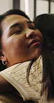 Comfort, talking and mom with child hug for support, relationship and bonding for family connection. Love, parenting and mother with girl in embrace for affection, encouragement and trust in home