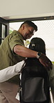 Home, dad and child with backpack, leaving and getting ready for back to school or helping daughter. Happy, man and assistance for girl on first day, education and walking with father in morning