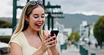 Phone, excited or woman in city for win, achievement or university acceptance in urban town. Mobile, goal or happy student outdoor for good news, college scholarship or success for admission approval