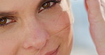 Outdoor, face and woman with smile for vacation, windy location and travel destination for weekend trip. Breeze, portrait and happy person with holiday for wellness, nature and summer break for peace