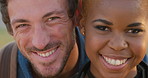 Love, face or interracial couple in nature with smile, healthy relationship or bonding on weekend break. Portrait, happy man and woman with laugh, connection or romantic moment on outdoor date.