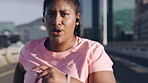 Running, breathing and woman in city, fitness and routine with endurance, cardio workout and practice. Outdoor, person and athlete in street, training for health benefits and challenge in morning