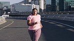 Running, exercise and woman in city, fitness and routine with endurance, cardio workout and practice. Outdoor, person and athlete in street, training for health benefits and challenge with wellness