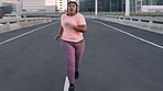 Fitness, face and woman running in city for cardio, wellness and workout with break. Exercise, person and portrait of tired runner outdoor for health, stop training or jog for sports on bridge