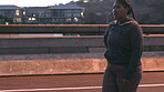 Fitness, tired or woman in city with night, cardio challenge or break in intense practice. Exhausted, pause or runner on bridge with exercise, training fatigue or performance recovery in late evening