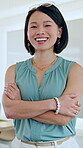 Marketing, face or Asian woman in office with arms crossed, pride or job in advertisement agency. Confidence, about us or branding director with laugh, career or experience as media planner.