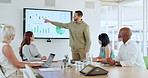 Businessman, team or presentation with chart on screen for sales revenue, finance proposal or data. Monitor, group or presenter with graphs for investment, growth strategy or trend analysis in office