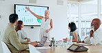 Business, woman or presentation on screen with team for sales revenue, finance proposal or chart. Monitor, group or presenter with graphs for investment, growth strategy or analysis in office meeting