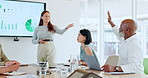 Presentation, question or business people with screen for chart, finance feedback or data. Monitor, team or hands up for answer with graphs for investment, growth strategy or trend analysis in office