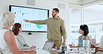 Businessman, group or presentation with chart on screen for sales revenue, finance proposal or data. Monitor, team or presenter with graphs for investment, growth strategy or trend analysis in office