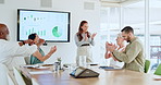 Presentation, investor and business people in office, applause and celebration for profit increase. Bonus, financial advisor and employees in meeting, clapping and charts for investment opportunity
