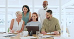 People, review and smile in office with laptop, research and good news for digital marketing trend. Happy, team or discussion in workplace with creative collaboration, computer and viral advertising.