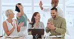 People, applause or high five in office with laptop, meeting and success for digital marketing trend. Happy, team clap or celebration in agency with computer, achievement or viral online advertising.