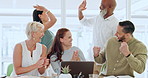 People, clap or high five in office with laptop, meeting and success for digital marketing trend. Happy, team applause or celebration in agency with computer, achievement or viral online advertising.