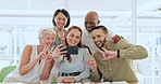 Happy, people and selfie in office with peace sign, collaboration or diversity for digital marketing. Coworkers, smile and photography in agency with hand gesture, emoji and teamwork for advertising.
