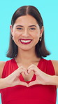 Face, green screen and woman with heart hands, symbol for love or support on studio background. Thank you, gesture or happy person with icon, emoji or affection with romance or flirting with kindness