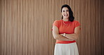 Face, confident and woman with arms crossed in office for career pride, about us and real estate. Portrait, female person and space with employee ambition, auction consultant and property development