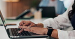 Hands, woman and typing on laptop in office for writing news article, publication and coworking. Staff, female journalist and tech at publishing agency for submission draft, editor feedback and email