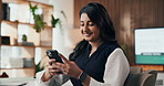 Woman, phone and happy in office with typing, email response and problem solving for business. Creative, project management and idea in event agency with decision, brainstorming solution and feedback