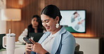 Woman, phone and laugh in office with typing, email response and problem solving for business. Creative, coworking and reading in event agency with decision, brainstorming solution and feedback