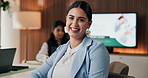 Business, boardroom and face of happy woman for finance advisor, investment career and ambition. Professional, corworking and portrait of person at desk for financial review, consultant job and pride